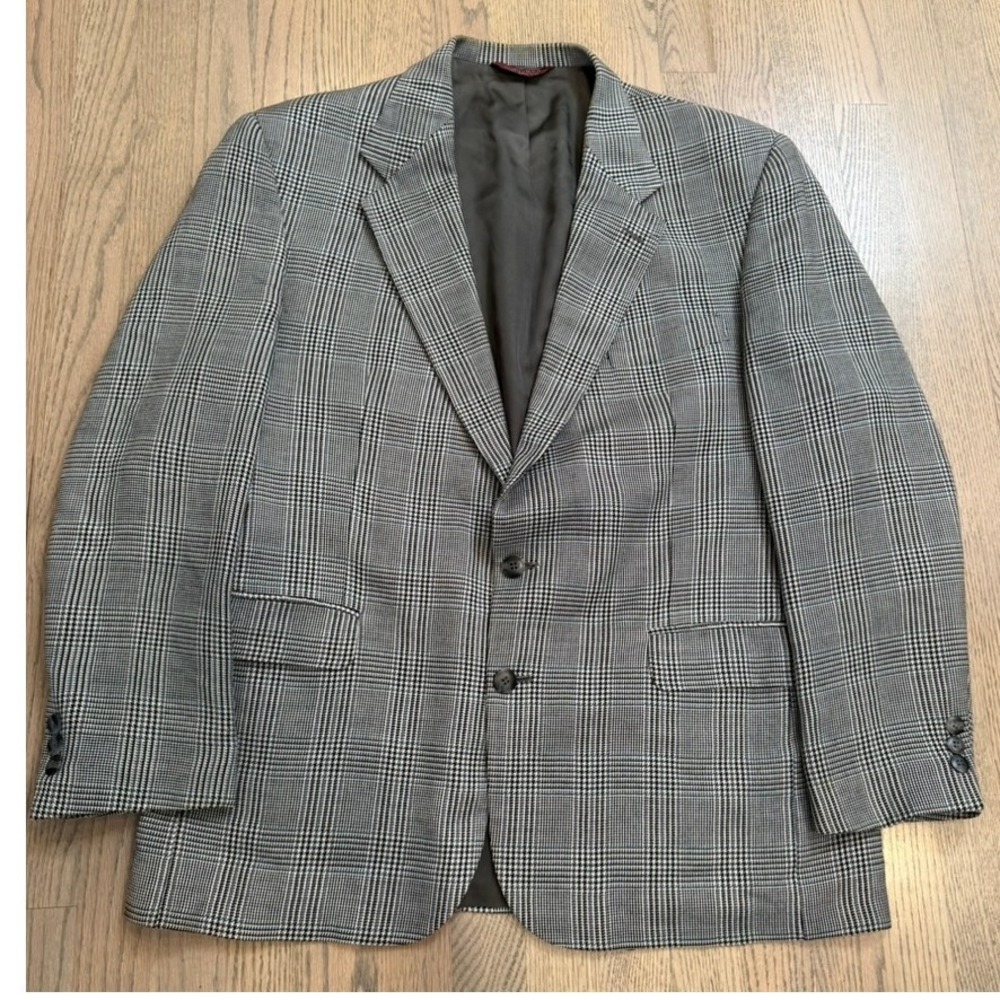 Vtg Botany 500 Men's Houndstooth Plaid Blazer Sport Coat 2 Button Black Classic